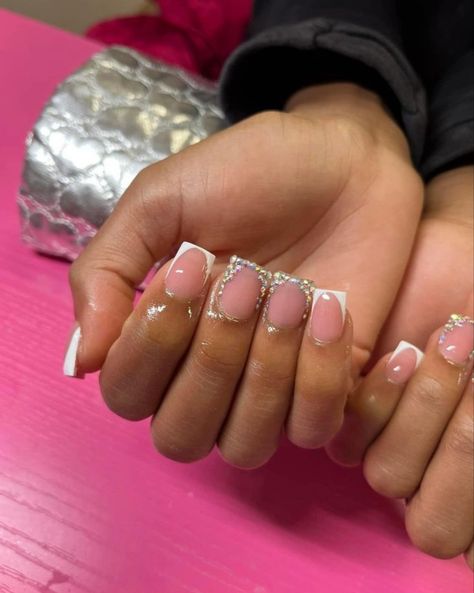 Small Bling Nails, Black Woman Nail Designs, White Nails With Rhinestones Short, Short French Tip With Rhinestones, Square Nails With Gems, Simple Nails With Charms, French Tip With Diamonds, French Nails With Gems, Short Nails With Gems