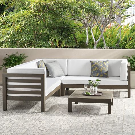 Wade Logan® Adharsh 5 - Person Outdoor Seating Group with Cushions & Reviews | Wayfair Outdoor Patio Furniture Small Space, Outdoor L Shaped Couch, Grey Patio Furniture Decor, Modern Patio Furniture Ideas, Sweet Sangria, White Outdoor Furniture, Patio Lounge Furniture, Outdoor Couches, Picked Flowers