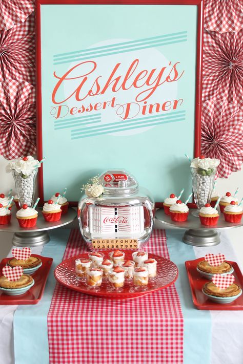 50's Theme Bridal Shower Ideas, 1950s Bridal Shower Theme, 50s Bridal Shower Ideas, Retro Bridal Party, 50s Diner Birthday Party, 50’s Theme Party, 50s Party Theme, Diner Theme Party, Retro Diner Party