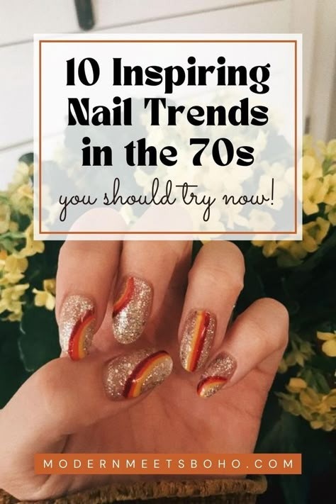 Explore some inspiring nail trends in the 70s and transport your style to the iconic era. The 1970s were a playground for creativity, with bold and daring beauty choices. Embrace these 10 inspiring 70s nail trends and retro nail ideas & celebrate the disco-charged days! Simple 70s Nails, 70s Disco Nail Designs, Fall Retro Nails, 60s Nails 1960s, Retro Fall Nails, 70s Disco Nails, 70s Theme Nails, Mid Century Modern Nails, Disco Nails 70s