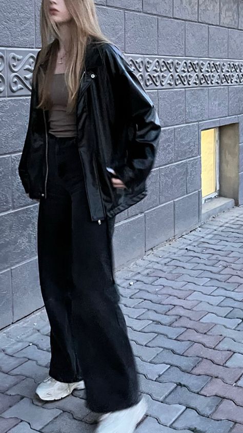 Acubi Black Pants Outfit, Black Motorcycle Jacket Outfit, Leather Jacket Outfit Biker, Brown Top Black Pants Outfit, How To Style Shacket, Black Leather Jacket Outfit Aesthetic, Short Black Coat Outfit, Long Black Leather Jacket Outfit, Black Leather Jacket Aesthetic