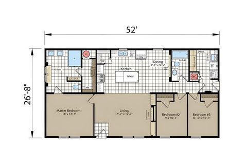 This 26 X 52 double wide mobile home floor plan offers a spacious layout with 3 bedrooms and 2 bathrooms. The open-concept living area and modern kitchen make it a perfect choice for comfortable and stylish living. Double Wide Trailer Floor Plans, Three Bedroom Apartment Floor Plans, Mobile Home Layout, Double Wide Floor Plans, Moble Homes, Double Wide Trailer, 3 Bedroom Home Floor Plans, Double Wide Home, Double Wide Mobile Home