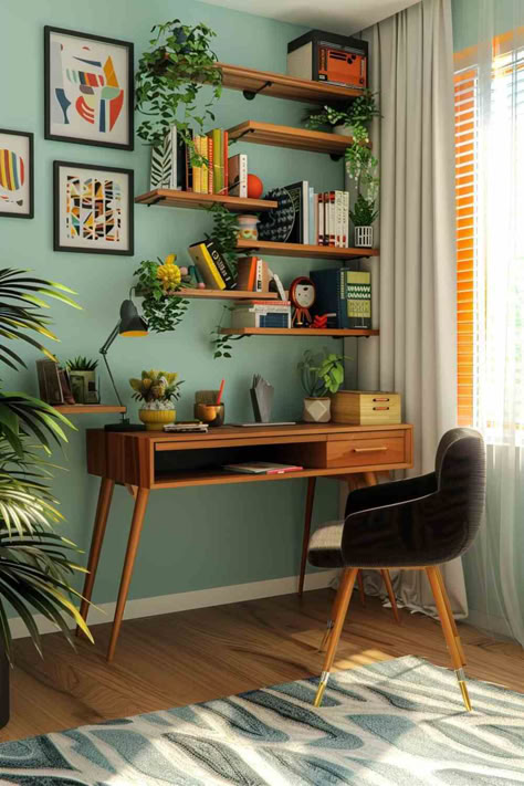 50+ Cozy Office Built-In Designs for Inviting Home Workspaces Home Office Near Window, Jungalow Home Office, Mexican Style Office, Home Office Design Colorful, Bright Home Office Ideas, Artsy Office Space, Colorful Office Aesthetic, Happy Home Office, Fun Home Office Ideas