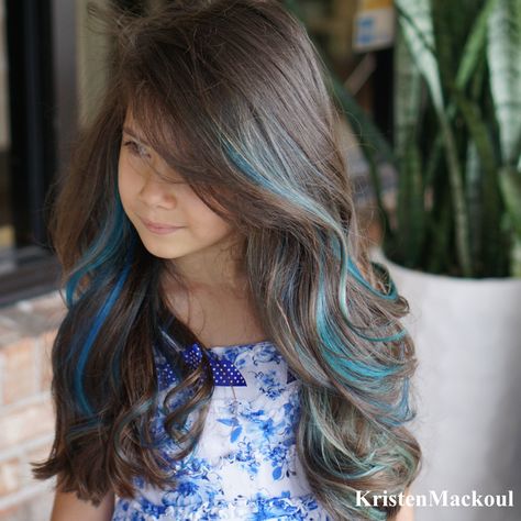 Kid Highlights Hair, Hair Dye For Kids, Blue Hairstyles, Gymnastics Meet, Kids Hair Color, Peekaboo Hair Colors, Jojo Levesque, Highlight Ideas, Hair Highlight