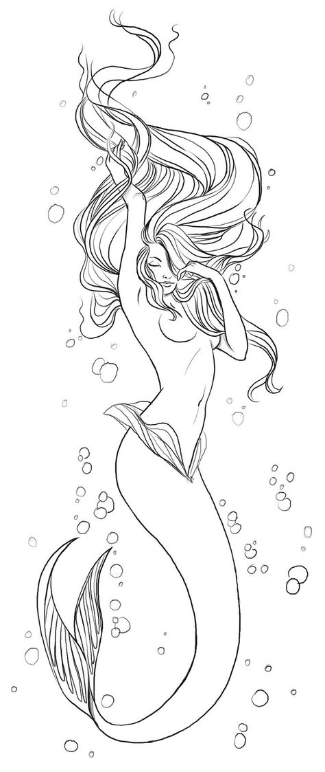 Mermaids Tattoo Designs, Simple Line Mermaid Tattoo, Mermaid Drawings Sketches, Mermaid Stencil Tattoo, Mermaid Skeleton Drawing, Mermaid In Water Drawing, Mermaid Art Sketch, Mermaid Designs Drawing, Mermaid Black And White Drawing