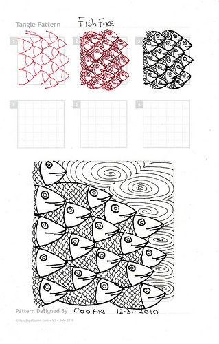 Tangle patterns I created over the New Years Weekend. I always liked patterns with fish.  Most fish are cute, especially gold fish. Zantangle Art, Zentangle Tutorial, Zen Doodles, Tangle Pattern, Zentangle Ideas, Tangle Doodle, Zen Tangles, Oodles Of Doodles, Zentangle Designs