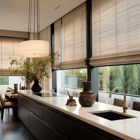 Window Dressing Ideas Kitchen, Modern Kitchen With Windows, Kitchen Blinds Ideas Modern, Japandi Windows, Kitchen With Two Windows, Corner Window Kitchen, Japandi Curtains, Kitchen Curtain Ideas Modern, Modern Kitchen Window Treatments