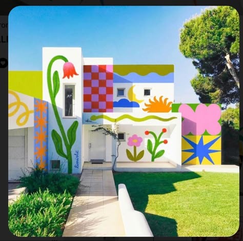 Indoor Mural Ideas, Mural Wall Art Outdoor, Interior Mural Ideas, Outside Murals, Funky Mural, Simple Murals, Yard Mural, Outdoor Wall Mural, Summer Mural