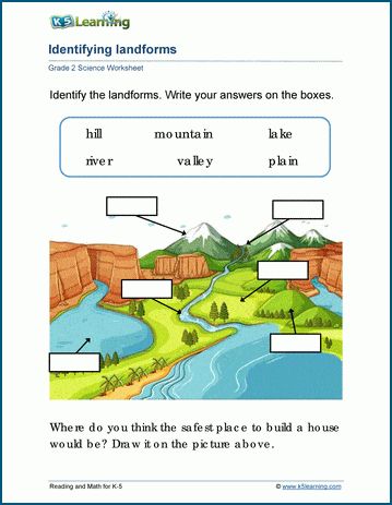 Landforms and bodies of water worksheets for grade 2 | K5 Learning Landforms And Bodies Of Water 2nd Grade, Landforms Worksheet Free Printable, Land Forms Worksheet, Landform Worksheet, Bodies Of Water Worksheet, Buoyancy Worksheet, Grade 2 Science Worksheets, Water And Landforms, Landforms Worksheet