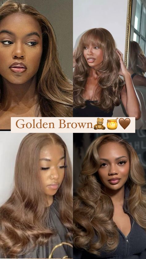 Jet Black Hair Dye Black Women, Ash Brown On Black Women, Cinnamon Brown Sew In, Golden Brown Hair Honey Black Women, Brown Hair On Black Women Natural, Light Brown Hair Black Women Highlights, Fall Hair Inspo Black Women, Ashy Brown Hair Black Women, Colored Hair On Light Skin Black Women