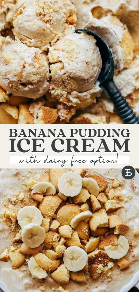 This banana pudding ice cream is made super easy and no churn! It has all the creamy rich flavors of banana pudding but in ice cream form - simple to make regular or dairy free. Summer Ice Cream Flavors, Banana Bread Ice Cream, No Churn Banana Ice Cream, Ice Cream Breakfast, Vitamix Banana Ice Cream, Ice Cream Churn Recipes, Creamy Ice Cream Recipe, Churned Ice Cream Recipes, Ice Cream With Eggs