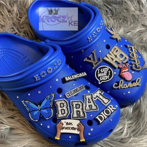 Bubble Shoes With Charms, Crocks With Charms, Bling Crocs Shoes, Bubble Slides With Charms, Designed Crocs, Themed Crocs, Cute Crocs Shoes, Croc Designs, Blinged Out Crocs