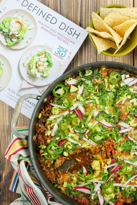 Defined Dish Turkey Taco Skillet Bake - Unbelievably Good! Defined Dish Whole 30 Recipes, Defined Dish Whole 30, Defined Dish Easy Dinner, Alex Snodgrass Defined Dish Recipes, The Defined Dish Recipes, Alex Snodgrass Defined Dish, Whole 30 Defined Dish, Healthy Turkey Tacos, Defined Dish Recipes