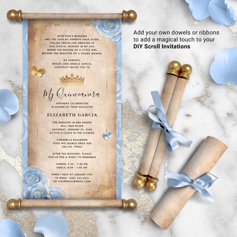 Light Baby Blue Gold Quince DIY Scroll Invitations - tap/click to get yours right now!  #light #blue #quince #scroll #invitations, Baby Blue Quinceanera Theme, Royal Sweet 16, Quinceanera Diy, Sweet 16 Cinderella Theme, Birthday Rsvp, Blue Quinceanera Theme, Baby Blue Quinceanera, Diy Scroll, Cinderella Quinceanera Themes