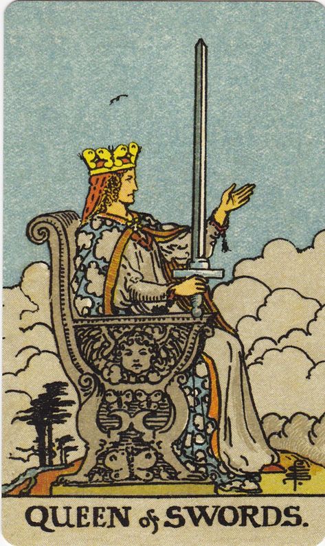 Queen Of Swords Reversed, Queen Of Swords Tarot, The Queen Of Swords, Queen Of Swords, Tarot Tattoo, Beautiful Coloring Pages, Swords Tarot, Tarot Guide, Tarot Board