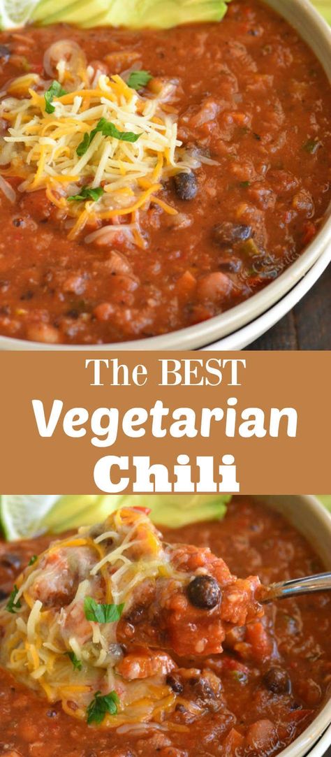 This Vegetarian Chili might be meatless but it is just as hearty, flavorful, and comforting. Chili is loaded with fresh vegetables, three kinds of beans, and of course, flavorful and aromatic spices. #chili #easydinner #vegetarian #glutenfree #vegan #meatless Best Vegetarian Chili, Meatless Chili, Vegetarian Chili Recipe, Veggie Chili, Kinds Of Beans, Chilli Recipes, Vegetarian Chili, Tasty Vegetarian Recipes, Vegetarian Dinners