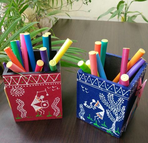 Pencil Stand Painting Ideas, Radhe Painting, Productivity List, Owl Wallpaper Iphone, Warli Paintings, Pencil Stand, Worli Painting, Anime Canvas Painting, Painted Frames