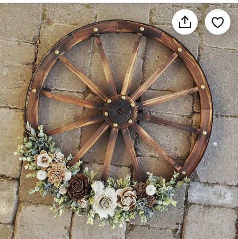 Faux Farmhouse, Wagon Wheel Decor, Wooden Wagon Wheels, Frosted Eucalyptus, Wood Wagon, Sunflower Centerpieces, Hall Ideas, Western Themed Wedding, Wagon Wheels