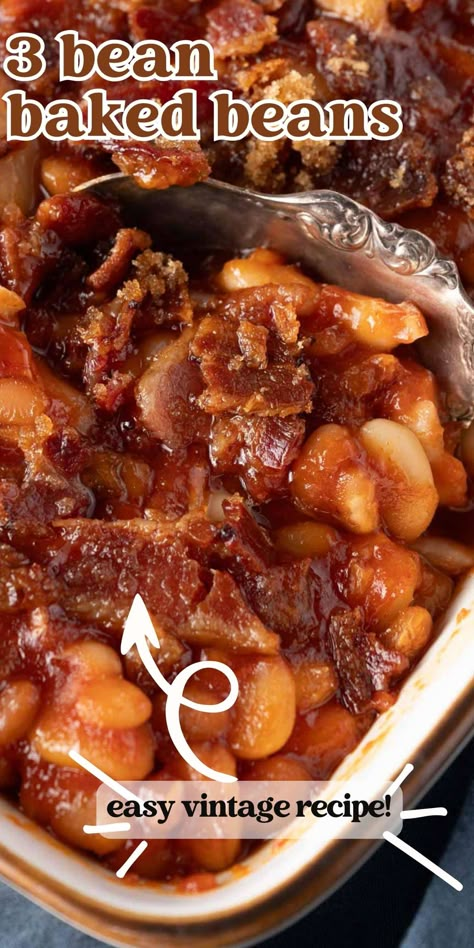 Just 8 ingredients make up this 3 Bean Baked Beans casserole. It's a perfect side dish recipe for your picnic or potluck. Use maple bacon for extra flavor! Perfectly Baked Beans Pioneer Woman, 4 Bean Baked Beans, Taste Of Home Baked Beans, Baked Northern Beans Recipe, Baked Beans Side Dish, Picnic Beans Recipe, Meaty Baked Beans, Cook Outside Side Dishes Easy, 3 Bean Baked Beans Recipe