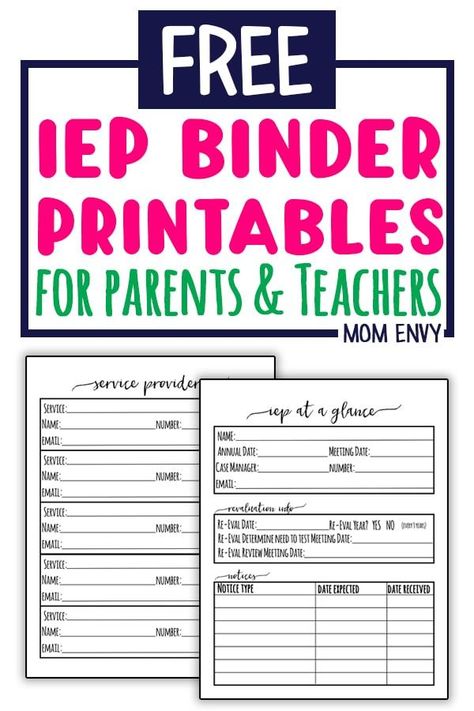 Free IEP Binder Printables. Download these Free Special Education Planner Inserts to create your own IEP binder. Perfect for parents and teachers handling IEPs. These files will help make sure your child (or student) is getting their IEP needs met. #specialed #teachers #specialedteacher Iep Binder, Special Education Organization, Middle School Special Education, Sped Classroom, Iep Meetings, Special Ed Teacher, Binder Printables, Teaching Special Education, Teacher Binder