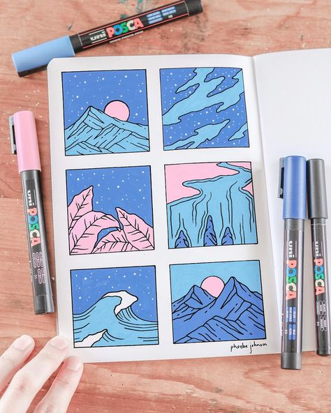 The next page ✍️ planning on refining this later... . #mountain #water #river #posca #ocean #leaves #illustrate #illustrator #illustration… | Instagram Posca Landscape, Acrylic Paint Markers Art, Sketch Pen Painting, Acrylic Marker Drawings, Posca Sketchbook, Posca Water, Mountain Drawings, Posca Ideas, Posca Illustration