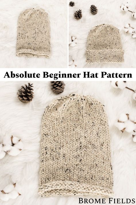 multiple pics of an easy knit hat displayed on faux fur blanket Easy Hat Pattern Knit, Thick And Quick Knit Hat Patterns, Knitting A Hat In The Round, Knitted Beanie Pattern Free Beginner, Basic Hat Knitting Pattern, Simple Knitted Hat Patterns Free, Beginner Knitting Hat Patterns Free, Knit Hat For Beginners, How To Knit A Beanie For Beginners