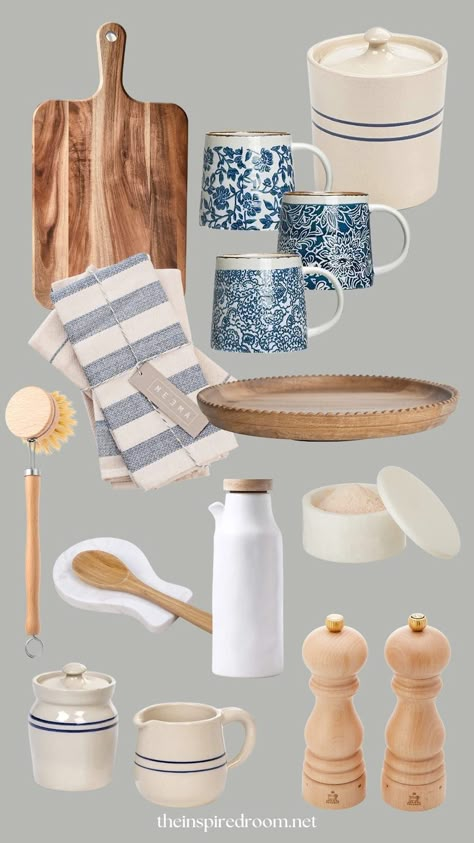 Coastal Kitchen Accessories, Things I Want In My House, Mediterranean Decor Kitchen, Kitchen Items Must Have, Cream Kitchen Accessories, Mediterranean Kitchen Decor, Amazon Kitchen Decor, Kitchen Accessories Ideas, Accessories For Kitchen