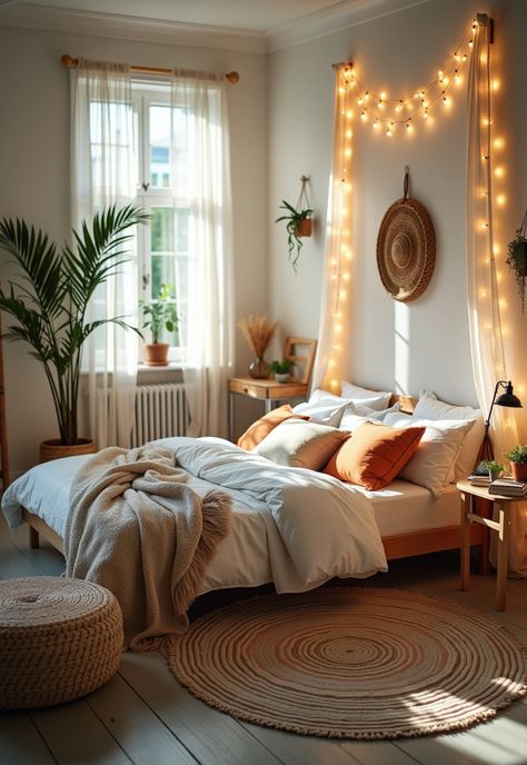 Boho Bedroom with Curtain Lights Boho Ceiling Lights Bedroom, Bedroom Curtain Lights, Bright Boho Bedroom, Boho Teenage Girl Bedrooms, Yellow Girls Bedroom, Bohemian Bedroom Inspiration, White Linens, Bright Boho