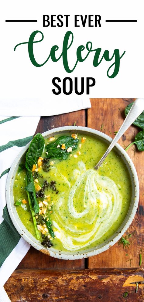 Creamy Celery Soup Recipe | Vegan - Just Easy Recipes Celery Cream Soup, Vegan Recipes With Celery, Creamy Celery Soup, Creamy Celery Soup Recipes, Sauteed Celery Recipes, Celery Soup Recipes Healthy, Celery Soup Vegan, Celery Soup Instant Pot, Vegan Celery Recipes