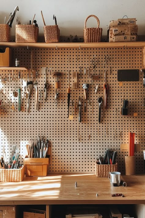 Organize your workspace with a custom DIY pegboard! Perfect for easy access and tool storage in any workshop. #ToolStorage #DIYOrganization #WorkshopIdeas Wall Storage Art Supplies, Home Tool Storage, Pegboard Shed Organization, Diy Tool Pegboard, Scene Shop Organization, Home Tool Organization, Pegboard Ideas Tools, Small Space Workshop, Workshop Pegboard Organization