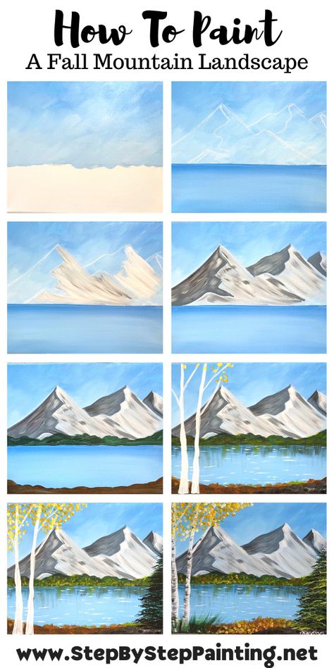 How To Paint “Mountain Morning” Fall Landscape Acrylic Landscape Beginner, Nature Step By Step Painting, Acrylic Painting Ideas Landscape Mountains, How To Paint Mountains And Trees, Easy Landscape Pictures To Paint, Scenery Painting Step By Step, Step By Step Painting Mountains, Beginner Scenery Painting, Simple Scenic Painting