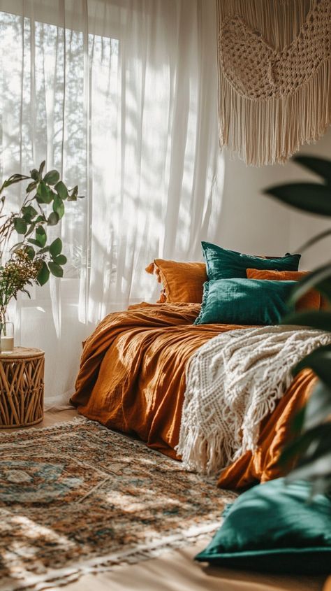 Burnt Orange Boho Room, Burnt Orange And Turquoise Bedroom, Rust And Teal Bedroom, Burnt Orange Bedroom Color Schemes, Emerald Green And Orange Bedroom, Burnt Orange And Teal Bedroom, Burnt Orange And Sage Green Bedroom, Orange And Blue Aesthetic Bedroom, Orange Green Bedroom