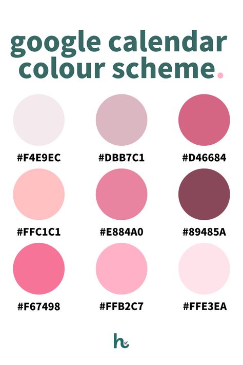 Elevate your Google Calendar game with these cute and aesthetic pastel themes. Dive into a world of whimsy and organisation with these adorable pastel dreams! Google Calender Colours, Colour Palette Pastel Pink, Google Calendar Colour Palette, Google Calendar Pink Color Scheme, Hex Code Google Calendar, Google Calendar Color Scheme Hex Codes Pink, Google Calender Colour Scheme Pastel, Google Calendar Hex Codes Pastel, Google Calender Tips