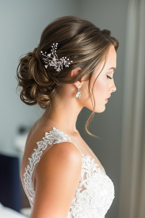 Wedding Hair Low Bun With Hair Piece, Loose Wedding Updo With Veil, Bridal Updo No Veil, Updos For Wedding Bride With Veil, Low Wedding Bun With Veil, Wedding Hair Updo With Hairpiece, Veil Hair Up, Bridal Hairstyles For Long Hair Updo Elegant Wedding, Wedding Buns Hairstyle