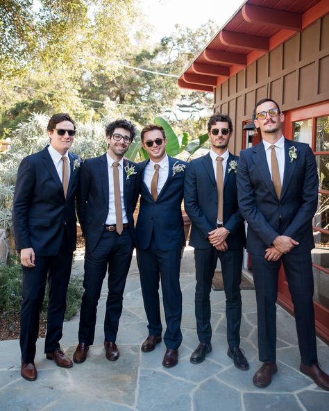 A Simple, Cozy Outdoor Wedding in California Blue Suit With Blue Tie, Groomsmen Dark Blue Suit, Navy Suit Tie Combinations, Dark Navy Blue Groomsmen Suits, Groomsmen Attire Dark Blue, Navy Blue Suit Tie Combination, Dark Navy Blue Suit Men Wedding, Blue Suit Tie Combinations, Navy Blue Suit Men Color Combinations