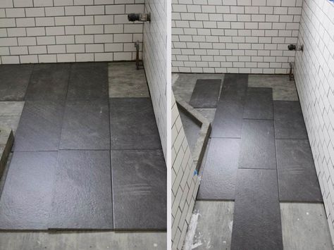 Lowes Galvano Tile 2.30  What's the Best Tile Layout For My Bathroom?: Straight or Staggered? Rectangle Tile Bathroom, Rectangle Tile Floor, 12x24 Tile Patterns, Staggered Tile, Bathroom Floor Tile Patterns, Tile Layout Patterns, Full Bathroom Ideas, Large Floor Tiles, 12x24 Tile