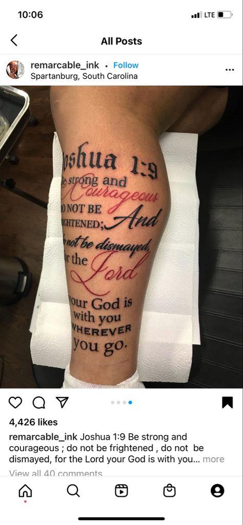 Tattoo Joshua 1:9, Scripture Leg Tattoos, Joshua 1 9 Tattoo Men, Bible Scriptures Tattoos For Men, Bible Tattoos For Men, Joshua 1 9 Tattoo, Body Armor Tattoo, Scroll Tattoos, Thigh Tattoo Men