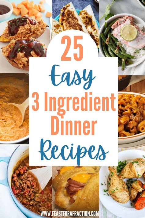 Make dinner a breeze with these super easy 3-ingredient dinner recipes. From pasta and sheet pan dinners to crock pot meals, get delicious dinner on the table without any hassle. And they’re budget-friendly, too! Cheap Few Ingredient Meals Easy Dinners, Quick And Easy Dinner Recipes Few Ingredients, 3 Item Dinners, Super Simple Dinner Recipes Healthy, Four Ingredient Recipes Dinner, 3 Ingredient Supper Recipes, Two Ingredient Dinner, Easy Crockpot Recipes With Few Ingredients Dinner, Super Easy Meals 3 Ingredients