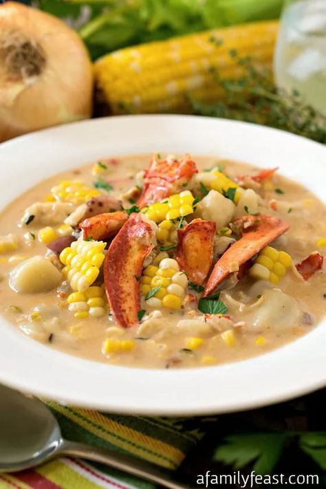 Lobster Corn Chowder - A Family Feast® Lobster Corn Chowder Recipe, Lobster Corn Chowder, Garden Party Dinner, Cream Of Corn Soup, Lobster Chowder, Catering Meals, Maine Lobster Festival, Recipe Chart, Soup Dishes