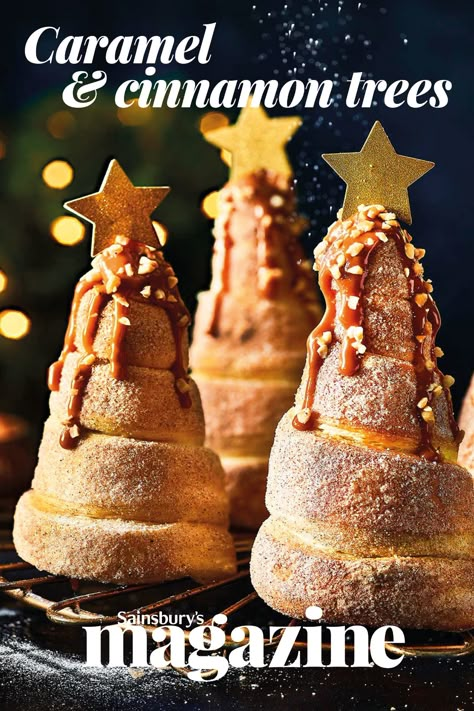 Chocolate-filled, caramel-coated Christmas trees are a swirl of pastry heaven. Get the Sainsbury's magazine recipe Christmas Treats Recipes Baking, Christmas Recipes Ideas, Christmas Bread Ideas, Christmas Bakes Ideas, Christmas Bakery Ideas, New Year Bread, Christmas Deserts Recipes, Christmas Pastry Ideas, Xmas Bread