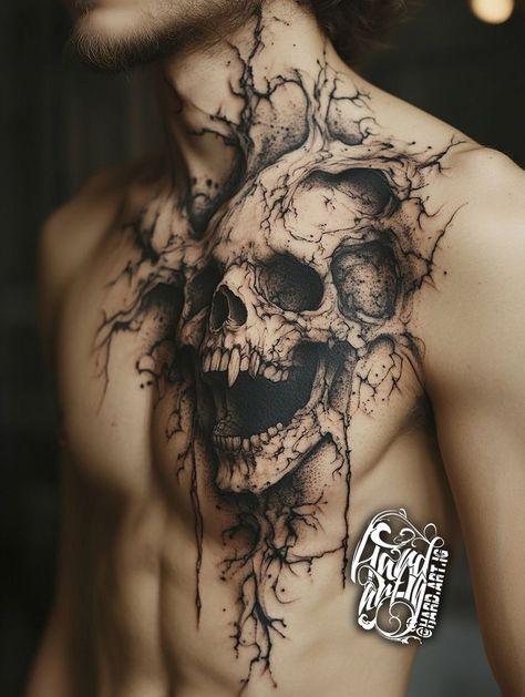 #skulltattoo #chestatttoo #blackandgreytattoo #darkart #realistictattoo #skullart #darktattoo #inkinspiration #abstracttattoo #boldtattoo #menwithtattoos Skull On Chest Tattoo, Skull Sleeve Tattoos For Men Design, Tattoo Cool Design, Thigh Portrait Tattoo, Women Center Chest Tattoo, Amazing Sleeve Tattoos, Black Rose And Skull Tattoo, Mens Tattoos Ideas Back, Daniel Silva Tattoo Artist