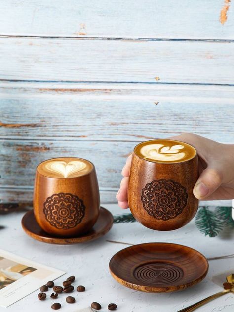 Free Returns ✓ Free Shipping On Orders $49+ ✓. 2pcs Wooden Cup & Saucer Set- Cups at SHEIN. Wooden Cups, Wooden Cup, Vacuum Cup, Sheesham Wood, Diy Chandelier, Coffee Shop Decor, Coffee Shop Design, Mandala Pattern, Kitchen Items