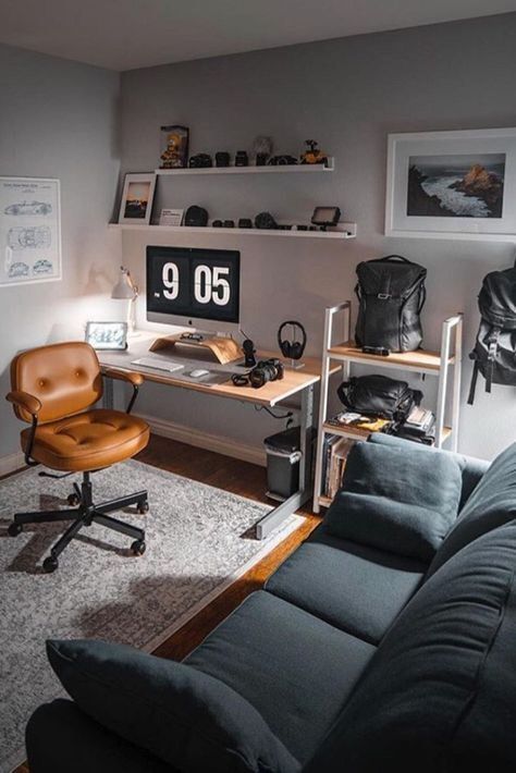 Masculine Home Office, Office Redesign, Bedroom Revamp, Office Vibes, Computer Set, Minimal Interior Design, Home Studio Setup, Toronto Travel, Office Lounge