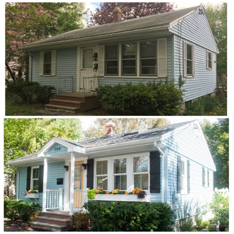 Old House Before And After, 1950 House, Small House Exterior, Ranch House Remodel, Ranch House Exterior, House Makeovers, House Before And After, Porch Remodel, House Flip