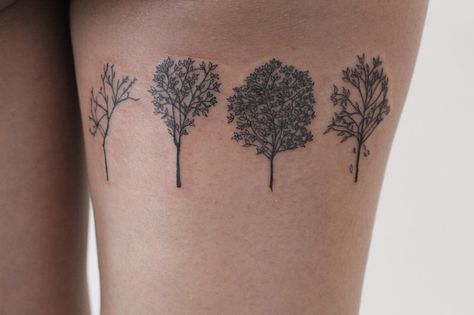 Seasons Tree Tattoo, Tattoo Seasons, Pine Tree Tattoo Designs, Seasons Tattoo, Trees Tattoo, Pine Tattoo, Small Rib Tattoos, Women Small Tattoos, Guys Tattoos