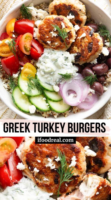 These healthy Greek Turkey Burgers are juicy, packed with flavor and protein, and ready in just 30 minutes! Enjoy them over salads or in a bun. Turkey Greek Bowl, Mediterranean Turkey Burger, Mediterranean Diet Turkey Recipes, Greek Burgers Turkey, Greek Burger Bowl, Ground Turkey Lunch Ideas, Turkey Burger Bowls Recipe, Mediterranean Turkey Bowl, Mediterranean Turkey Burgers