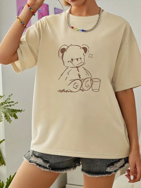 Cute Bear Print Crew Neck T Shirt Casual Loose Short Sleeve Summer T Shirts Tops Womens Clothing - Women's Clothing - Temu Beige Teddy Bear, Oversized Shirt Outfit, Heat Press Shirts, Oversized Tee Shirt, Teddy Bear Clothes, Trendy Shirt Designs, Bear Outfits, Big Shirt