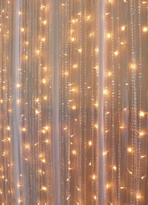 DIY crystal and fairy light sheer curtains Fairy Light Curtain, Crystal Curtains, Led Curtain Lights, Curtain String Lights, Curtain Backdrops, Light Backdrop, Wedding Ceremony Backdrop, Pipe And Drape, Lit Wallpaper