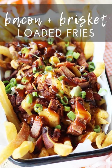 These fries are loaded with beef briskey, savory bacon, cheddar cheese sauce and more. Perfect for parties and enjoying the big game. #loadedfries #brisketfries #smokedbrisket Brisket Fries, Grilled Brisket, Tailgate Recipes, Cheddar Cheese Sauce, Bbq Brisket, Smoked Beef Brisket, Queso Cheddar, Loaded Fries, Tailgating Recipes