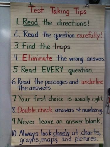 An anchor chart that features test taking tips! Test Taking Tips, Test Prep Strategies, Testing Motivation, Test Taking Strategies, Education Tips, Classroom Anchor Charts, Testing Strategies, School Testing, State Testing